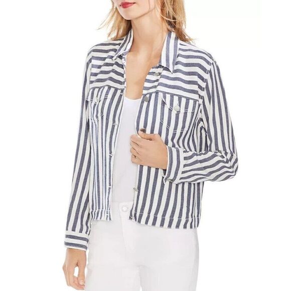 VINCE CAMUTO Boardwalk Stripe Crop Jacket In Classic Navy Size Small - Picture 1 of 9